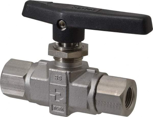 Parker - 3/8" Pipe, FNPT x FNPT End Connections, Stainless Steel, Inline, Two Way Flow, Instrumentation Ball Valve - 6,000 psi WOG Rating, Wedge Handle, PTFE Seal, PTFE Seat - USA Tool & Supply