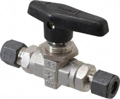 Parker - 3/8" Pipe, Compression x Compression CPI End Connections, Stainless Steel, Inline, Two Way Flow, Instrumentation Ball Valve - 6,000 psi WOG Rating, Wedge Handle, PTFE Seal, PTFE Seat - USA Tool & Supply