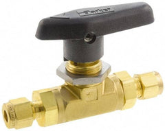 Parker - 3/8" Pipe, Brass, Inline, Two Way Flow, Instrumentation Ball Valve - 3,000 psi WOG Rating, Wedge Handle, PTFE Seal, PTFE Seat - USA Tool & Supply