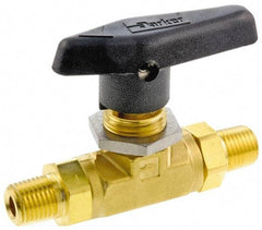 Parker - 3/8" Pipe, MNPT x MNPT End Connections, Brass, Inline, Two Way Flow, Instrumentation Ball Valve - 3,000 psi WOG Rating, Wedge Handle, PTFE Seal, PTFE Seat - USA Tool & Supply