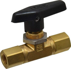 Parker - 1/4" Pipe, FNPT x FNPT End Connections, Brass, Inline, Two Way Flow, Instrumentation Ball Valve - 3,000 psi WOG Rating, Wedge Handle, PTFE Seal, PTFE Seat - USA Tool & Supply