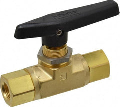 Parker - 3/8" Pipe, FNPT x FNPT End Connections, Brass, Inline, Two Way Flow, Instrumentation Ball Valve - 3,000 psi WOG Rating, Wedge Handle, PTFE Seal, PTFE Seat - USA Tool & Supply