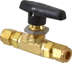 Parker - 3/8" Pipe, Compression x Compression CPI End Connections, Brass, Inline, Two Way Flow, Instrumentation Ball Valve - 3,000 psi WOG Rating, Wedge Handle, PTFE Seal, PTFE Seat - USA Tool & Supply