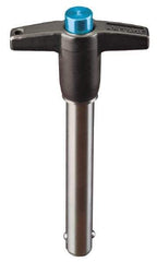 Jergens - 12mm Diam, 70mm Usable Length, T Handle, Push Button Quick Release Pin - 121.9mm Overall Length, Grade 17-4 Stainless Steel, Passivated Finish - USA Tool & Supply