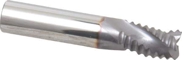 Niagara Cutter - 3/8" Diam, Coarse Pitch, 1/2" LOC, 3 Flute Solid Carbide Corner Chamfer Roughing End Mill - TiCN Finish, 2" OAL, 3/8" Shank Diam, Single End, Centercutting, 30° Helix - USA Tool & Supply