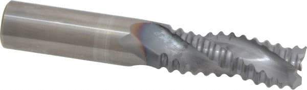 Niagara Cutter - 1/2" Diam, Coarse Pitch, 1-1/4" LOC, 3 Flute Solid Carbide Corner Chamfer Roughing End Mill - TiCN Finish, 3" OAL, 1/2" Shank Diam, Single End, Centercutting, 30° Helix - USA Tool & Supply