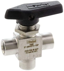 Parker - 1/8" Pipe, FNPT x FNPT x FNPT End Connections, Stainless Steel, Three Way, Instrumentation Ball Valve - 2,500 psi WOG Rating, Wedge Handle, PFA Seat - USA Tool & Supply
