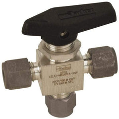 Parker - 3/8" Pipe, Compression x Compression x Compression CPI End Connections, Stainless Steel, Three Way, Instrumentation Ball Valve - 3,000 psi WOG Rating, Wedge Handle, PFA Seat - USA Tool & Supply