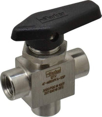 Parker - 1/4" Pipe, FNPT x FNPT x FNPT End Connections, Stainless Steel, Three Way, Instrumentation Ball Valve - 3,000 psi WOG Rating, Wedge Handle, PFA Seat - USA Tool & Supply