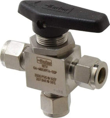 Parker - 3/8" Pipe, Stainless Steel, Three Way, Instrumentation Ball Valve - 3,000 psi WOG Rating, Wedge Handle, PFA Seat - USA Tool & Supply
