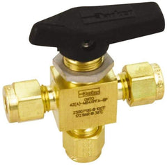 Parker - 3/8" Pipe, Brass, Three Way, Instrumentation Ball Valve - 3,000 psi WOG Rating, Wedge Handle, PFA Seat - USA Tool & Supply