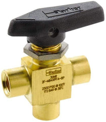 Parker - 1/8" Pipe, FNPT x FNPT x FNPT End Connections, Brass, Three Way, Instrumentation Ball Valve - 2,500 psi WOG Rating, Wedge Handle, PFA Seat - USA Tool & Supply