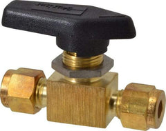 Parker - 1/4" Pipe, Brass, Inline, Two Way Flow, Instrumentation Ball Valve - 2,500 psi WOG Rating, Wedge Handle, PFA Seat - USA Tool & Supply
