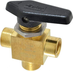 Parker - 1/4" Pipe, FNPT x FNPT x FNPT End Connections, Brass, Three Way, Instrumentation Ball Valve - 3,000 psi WOG Rating, Wedge Handle, PFA Seat - USA Tool & Supply