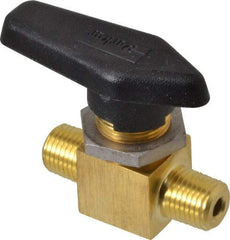 Parker - 1/4" Pipe, MNPT x MNPT End Connections, Brass, Inline, Two Way Flow, Instrumentation Ball Valve - 3,000 psi WOG Rating, Wedge Handle, PFA Seat - USA Tool & Supply