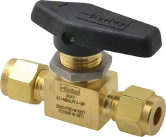 Parker - 1/4" Pipe, Compression x Compression CPI End Connections, Brass, Inline, Two Way Flow, Instrumentation Ball Valve - 2,500 psi WOG Rating, Wedge Handle, PFA Seat - USA Tool & Supply