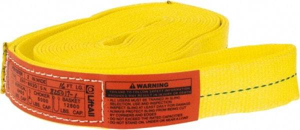 Lift-All - 16' Long x 2" Wide, 6,400 Lb Vertical Capacity, 1 Ply, Polyester Web Sling - 5,000 Lb Choker Capacity, Yellow - USA Tool & Supply