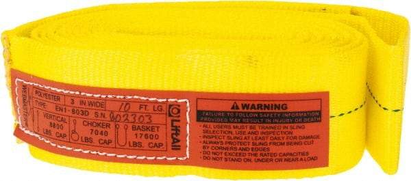 Lift-All - 10' Long x 3" Wide, 8,600 Lb Vertical Capacity, 1 Ply, Polyester Web Sling - 6,900 Lb Choker Capacity, Yellow - USA Tool & Supply
