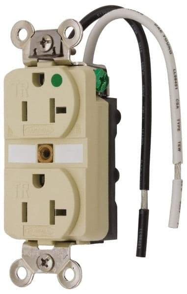 Hubbell Wiring Device-Kellems - 125 VAC, 20 Amp, 5-20R NEMA Configuration, Ivory, Hospital Grade, Self Grounding Duplex Receptacle - 1 Phase, 2 Poles, 3 Wire, Flush Mount, Chemical, Corrosion and Impact Resistant, Tamper Resistant - USA Tool & Supply