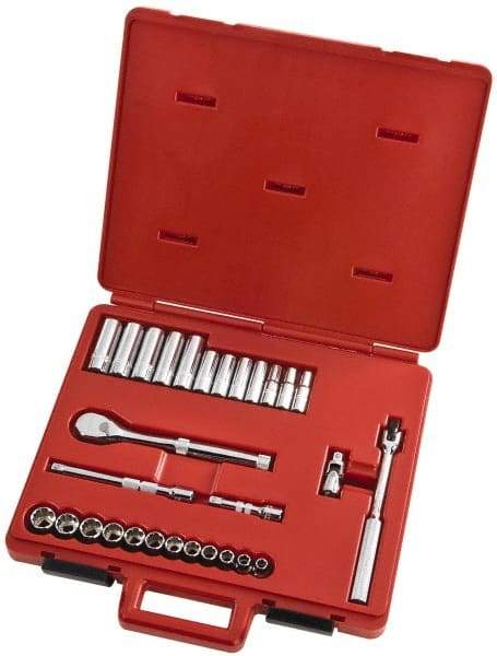 Proto - 29 Piece 3/8" Drive Full Polish Finish Deep Well Socket Set - 12 Points, 8mm to 19mm Range, Metric Measurement Standard - USA Tool & Supply