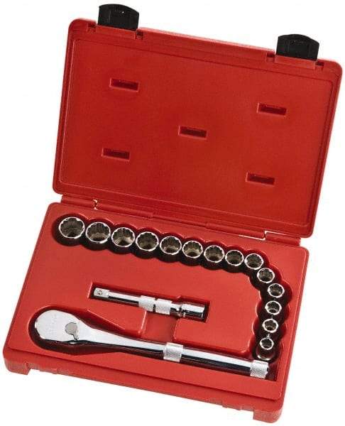 Proto - 16 Piece 1/2" Drive Full Polish Finish Socket Set - 12 Points, 10mm to 23mm Range, Metric Measurement Standard - USA Tool & Supply