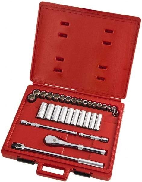 Proto - 31 Piece 1/2" Drive Full Polish Finish Deep Well Socket Set - 12 Points, 10mm to 26mm Range, Metric Measurement Standard - USA Tool & Supply