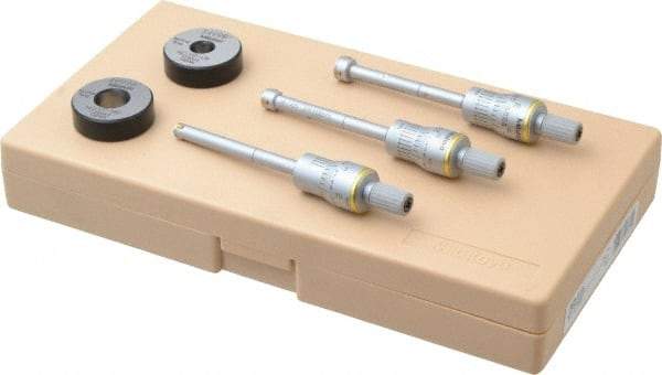 Mitutoyo - 6 Piece, 0.275 to 1/2", Carbide, TiN Coated, Hole Mechanical Inside Micrometer Set - 0.0001" Graduation, Ratchet Stop Thimble, Includes (2) Setting Rings, Extension & Fitted Plastic Case - USA Tool & Supply