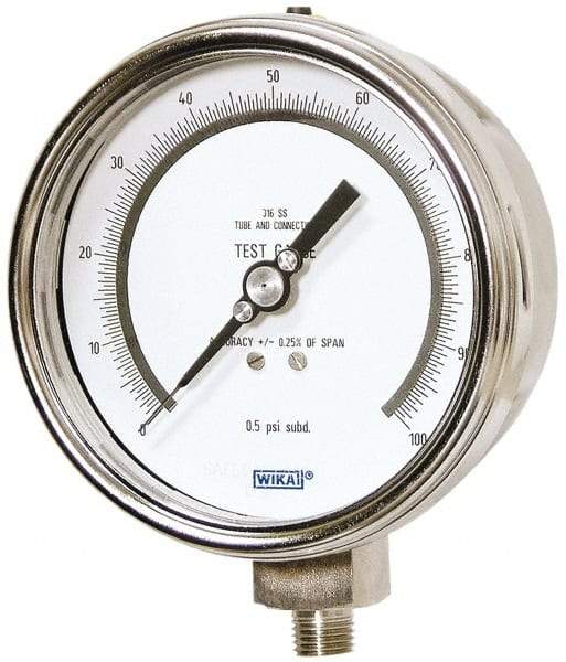 Wika - 4" Dial, 1/4 Thread, 0-100 Scale Range, Pressure Gauge - Lower Connection Mount, Accurate to 0.25% of Scale - USA Tool & Supply