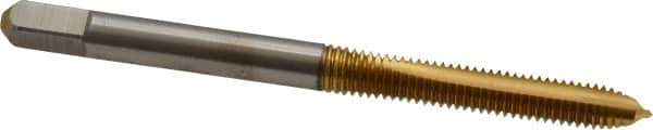Hertel - M4x0.70 Metric Coarse, 2 Flute, TiN Finish, High Speed Steel Spiral Point Tap - Plug Chamfer, Right Hand Thread, 2-1/8" OAL, 3/4" Thread Length, 6H Class of Fit - Exact Industrial Supply