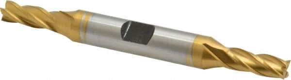 Hertel - 1/4", 5/8" LOC, 3/8" Shank Diam, 3-3/8" OAL, 4 Flute, Cobalt Square End Mill - Double End, TiN Finish, Spiral Flute, 30° Helix, Centercutting, Right Hand Cut, Right Hand Flute - USA Tool & Supply