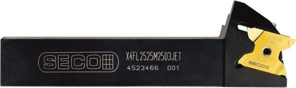 Seco - X4FL 1002503DJET, External, Left Hand, 0.256" Max Depth of Cut, 3/32" Min Groove Width, Indexable Grooving Tool Holder - X4GK25..L Insert Compatibility, 1" Shank Height, 1" Shank Width, 6" OAL, Through Coolant - USA Tool & Supply