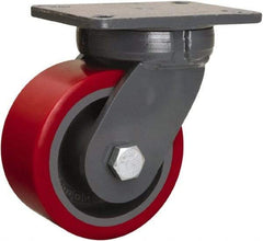 Hamilton - 6" Diam x 3" Wide x 8" OAH Top Plate Mount Swivel Caster - Polyurethane Mold onto Cast Iron Center, 2,600 Lb Capacity, Tapered Roller Bearing, 5-1/4 x 7-1/4" Plate - USA Tool & Supply