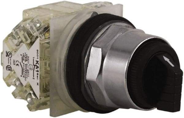 Schneider Electric - 30mm Mount Hole, 3 Position, Knob and Pushbutton Operated, Selector Switch - Black, Maintained (MA), 2NO/2NC, Weatherproof and Dust and Oil Resistant - USA Tool & Supply