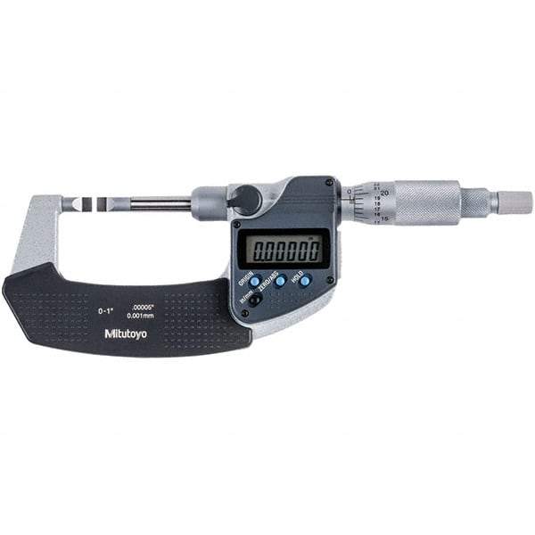 Mitutoyo - 0 to 1" Range, 0.00005" Resolution, Blade Throat IP54 Electronic Outside Micrometer - 0.00015" Accuracy, Ratchet Stop Thimble, Carbide-Tipped Face, SR44 Battery - USA Tool & Supply