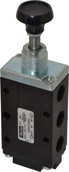 Parker - 0.83 CV Rate, 1/4" NPT Inlet Direct Air 4 Mechanical Spool Valve - 4 Way, 2 Position, Button Manual Return, 150 Max psi - USA Tool & Supply