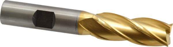 Cleveland - 9/16", 1-3/8" LOC, 1/2" Shank Diam, 3-3/8" OAL, 4 Flute, High Speed Steel Square End Mill - Single End, TiN Finish, Spiral Flute, 30° Helix, Centercutting, Right Hand Cut, Right Hand Flute, Series HG-4C - USA Tool & Supply