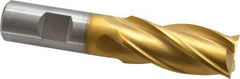 Cleveland - 7/8", 1-7/8" LOC, 3/4" Shank Diam, 4-1/8" OAL, 4 Flute, High Speed Steel Square End Mill - Single End, TiN Finish, Spiral Flute, 30° Helix, Centercutting, Right Hand Cut, Right Hand Flute, Series HG-4C - USA Tool & Supply