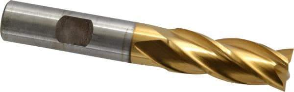Cleveland - 17/32", 1-3/8" LOC, 1/2" Shank Diam, 3-3/8" OAL, 4 Flute, High Speed Steel Square End Mill - Single End, TiN Finish, Spiral Flute, 30° Helix, Centercutting, Right Hand Cut, Right Hand Flute, Series HG-4C - USA Tool & Supply