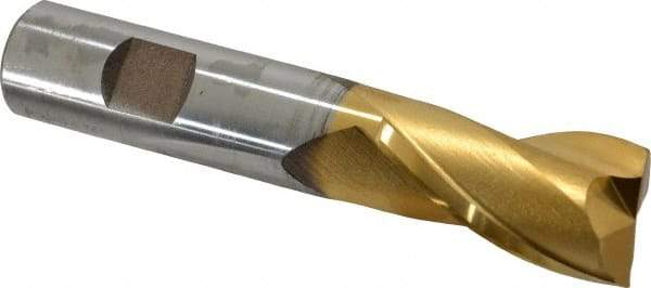 Cleveland - 7/8", 1-1/2" LOC, 3/4" Shank Diam, 4-1/8" OAL, 2 Flute, High Speed Steel Square End Mill - Single End, TiN Finish, Spiral Flute, 30° Helix, Centercutting, Right Hand Cut, Right Hand Flute, Series HG-2 - USA Tool & Supply