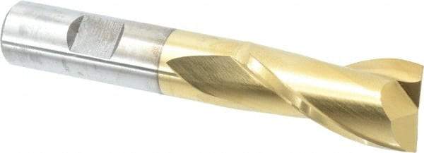 Cleveland - 13/16", 1-1/2" LOC, 5/8" Shank Diam, 4" OAL, 2 Flute, High Speed Steel Square End Mill - Single End, TiN Finish, Spiral Flute, 30° Helix, Centercutting, Right Hand Cut, Right Hand Flute, Series HG-2 - USA Tool & Supply