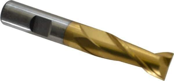 Cleveland - 17/32", 1-1/8" LOC, 1/2" Shank Diam, 3-3/8" OAL, 2 Flute, High Speed Steel Square End Mill - Single End, TiN Finish, Spiral Flute, 30° Helix, Centercutting, Right Hand Cut, Right Hand Flute, Series HG-2 - USA Tool & Supply