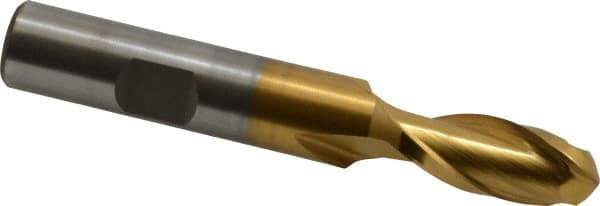 Cleveland - 7/16" Diam, 1" LOC, 2 Flute High Speed Steel Ball End Mill - TiN Finish, Single End, 3-1/4" OAL, 1/2" Shank Diam, Spiral Flute - USA Tool & Supply