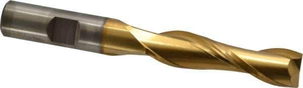 Cleveland - 1/2", 2" LOC, 1/2" Shank Diam, 4" OAL, 2 Flute, High Speed Steel Square End Mill - Single End, TiN Finish, Spiral Flute, 30° Helix, Centercutting, Right Hand Cut, Right Hand Flute, Series HG-2 - USA Tool & Supply