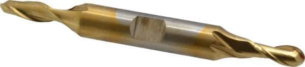 Cleveland - 7/32" Diam, 1/2" LOC, 2 Flute High Speed Steel Ball End Mill - TiN Finish, Double End, 3-1/4" OAL, 3/8" Shank Diam, Spiral Flute - USA Tool & Supply