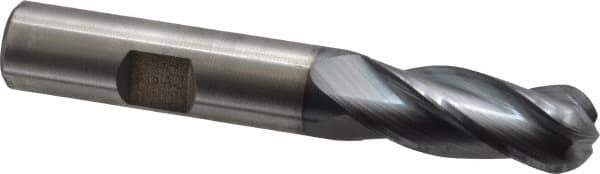 Cleveland - 1/2" Diam, 1-1/4" LOC, 4 Flute High Speed Steel Ball End Mill - TiCN Finish, Single End, 3-1/4" OAL, 1/2" Shank Diam, Spiral Flute - USA Tool & Supply