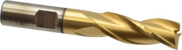 Cleveland - 9/16", 1-3/8" LOC, 1/2" Shank Diam, 3-3/8" OAL, 3 Flute, High Speed Steel Square End Mill - Single End, TiN Finish, Spiral Flute, 30° Helix, Centercutting, Right Hand Cut, Right Hand Flute, Series HG-3 - USA Tool & Supply