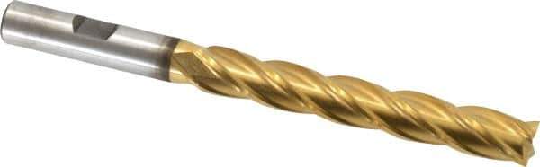 Cleveland - 13/32", 2-3/4" LOC, 3/8" Shank Diam, 4-1/2" OAL, 4 Flute, High Speed Steel Square End Mill - Single End, TiN Finish, Spiral Flute, 30° Helix, Centercutting, Right Hand Cut, Right Hand Flute, Series HG-4C - USA Tool & Supply