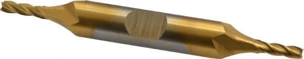 Cleveland - 1/8", 3/8" LOC, 3/8" Shank Diam, 3-1/16" OAL, 4 Flute, Cobalt Square End Mill - Double End, TiN Finish, Spiral Flute, 30° Helix, Centercutting, Right Hand Cut, Right Hand Flute, Series HDC-4C - USA Tool & Supply