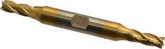 Cleveland - 1/4", 5/8" LOC, 3/8" Shank Diam, 3-3/8" OAL, 4 Flute, Cobalt Square End Mill - Double End, TiN Finish, Spiral Flute, 30° Helix, Centercutting, Right Hand Cut, Right Hand Flute, Series HDC-4C - USA Tool & Supply