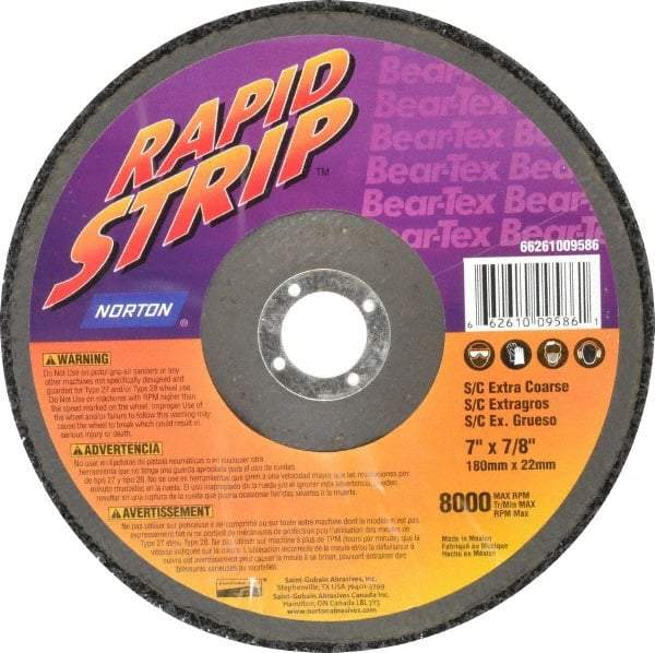 Norton - 7" Wheel Diam, 1/2" Wheel Thickness, 7/8" Arbor Hole, Type 27 Depressed Center Wheel - Silicon Carbide, 8,000 Max RPM, Compatible with Angle Grinder, Drill, Flexible Shaft Motor & Straight Shaft Grinder - USA Tool & Supply